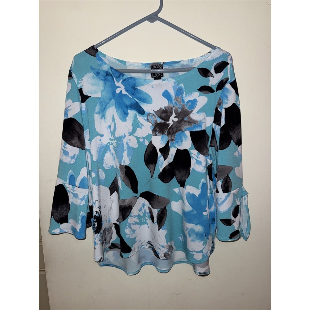 Clara Sunwoo Turquoise Blue Floral 3/4 Sleeve Tunic Top Made in USA Women PL